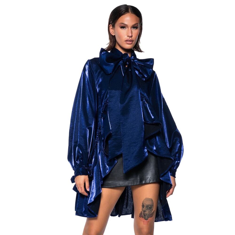 Akira Significantly Me Ruffle Hem Blouse XL Bold Metallic Blue Asymmetrical Chic